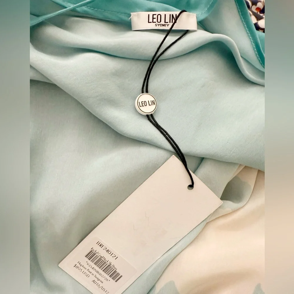 NWT Leo Lin Rachel Cowl Neck Silk Slip Dress Neptune Print in Sea Grass Size 12 - Picture 13 of 16